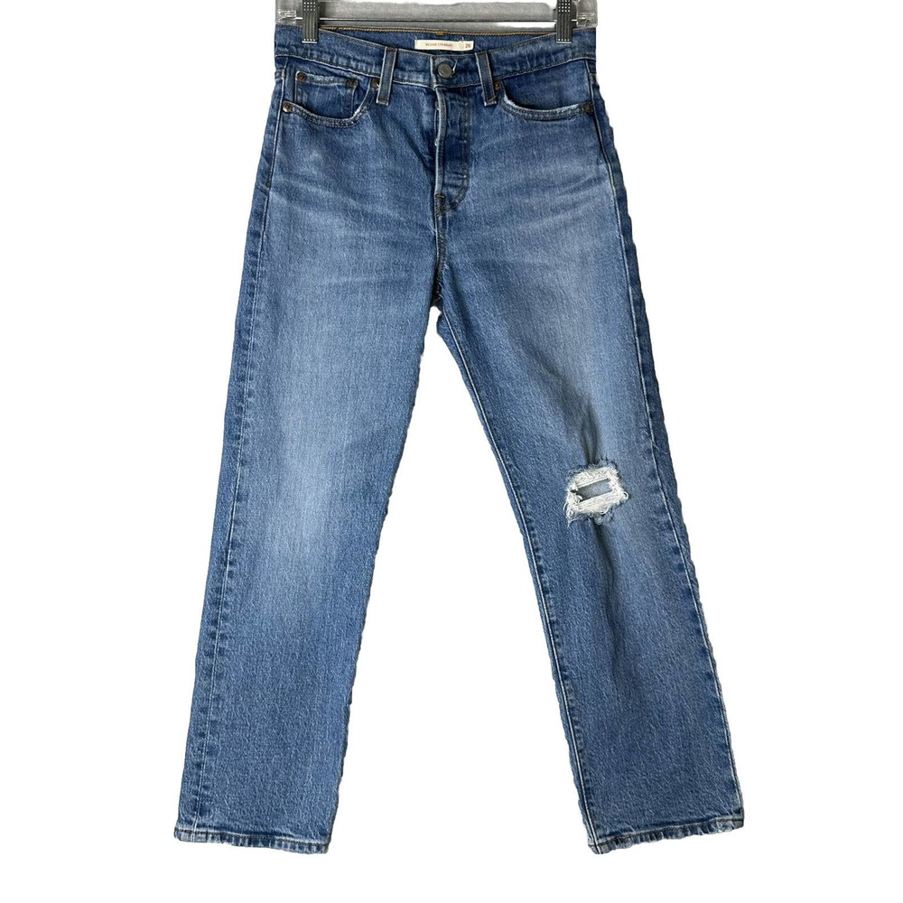Levi's Premium Wedgie Jeans Women Sz 26x26 BIG E Distressed Med Wash Button Fly